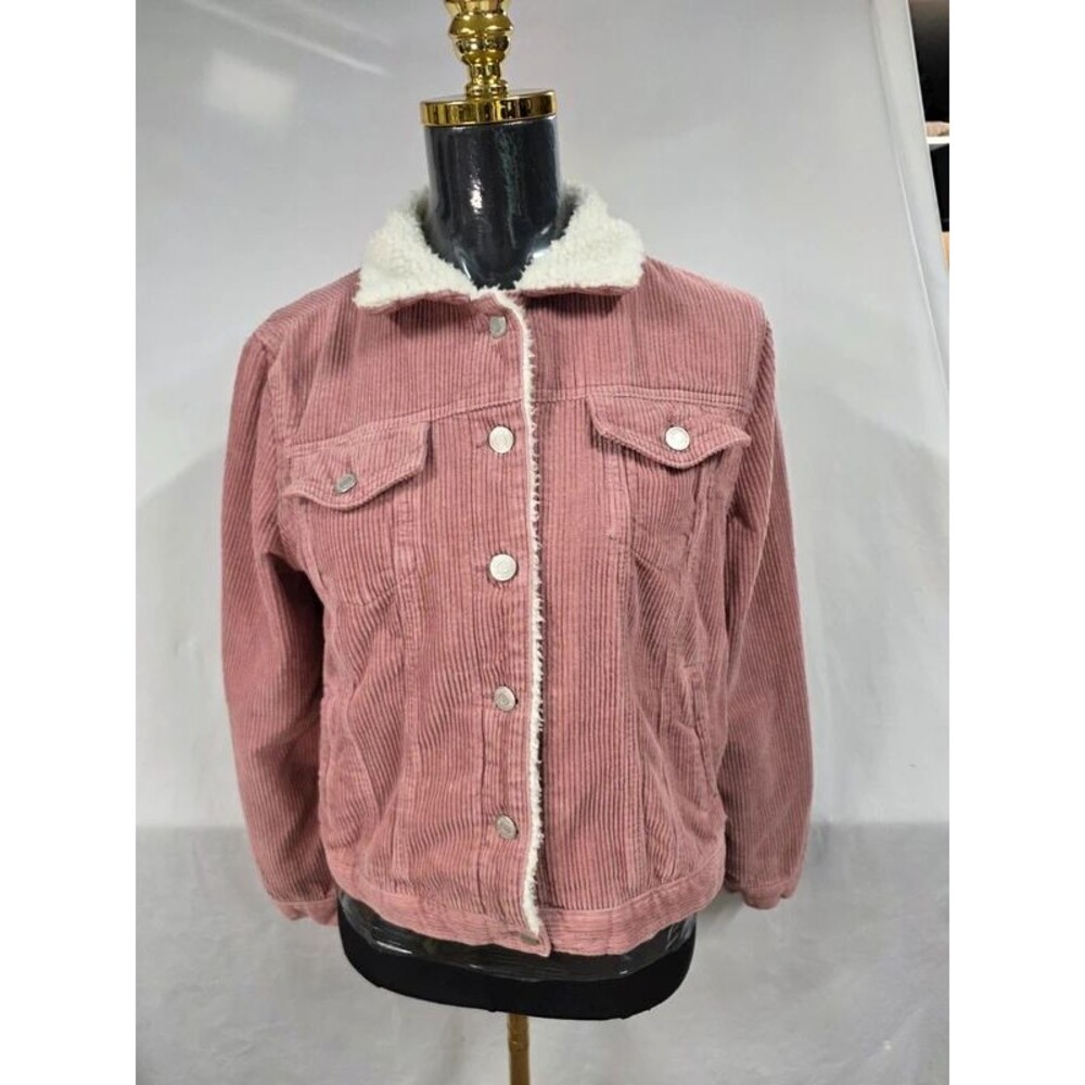 Cozy Dusty Rose Corduroy Button Front Jacket Sherpa Trim